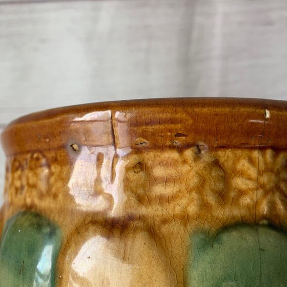 Antique Brown Green Striped Pottery Planter Majolica Glaze Floral Medallions - Picture 15 of 16